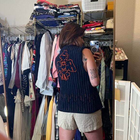 Vintage Starfire 90s Navy Soft Ribbed Aztec Boho Button-Down Vest Sz 10 M - Picture 4 of 9